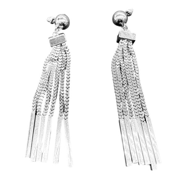 Glam Metallic Chain Tassel Fringe Dangle Drops Earrings Silver Tone Nightout - Picture 1 of 7